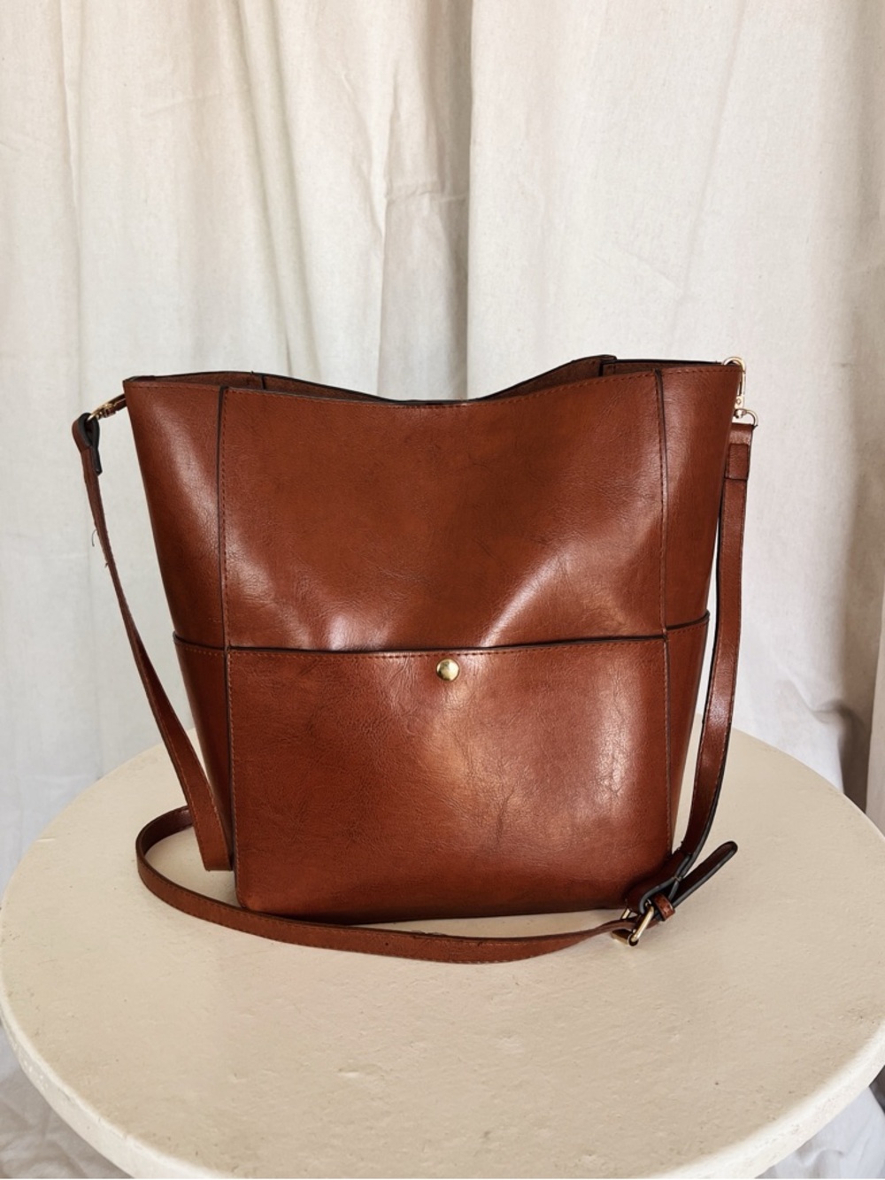 Classic Brown Leather Crossbody Bucket Bag